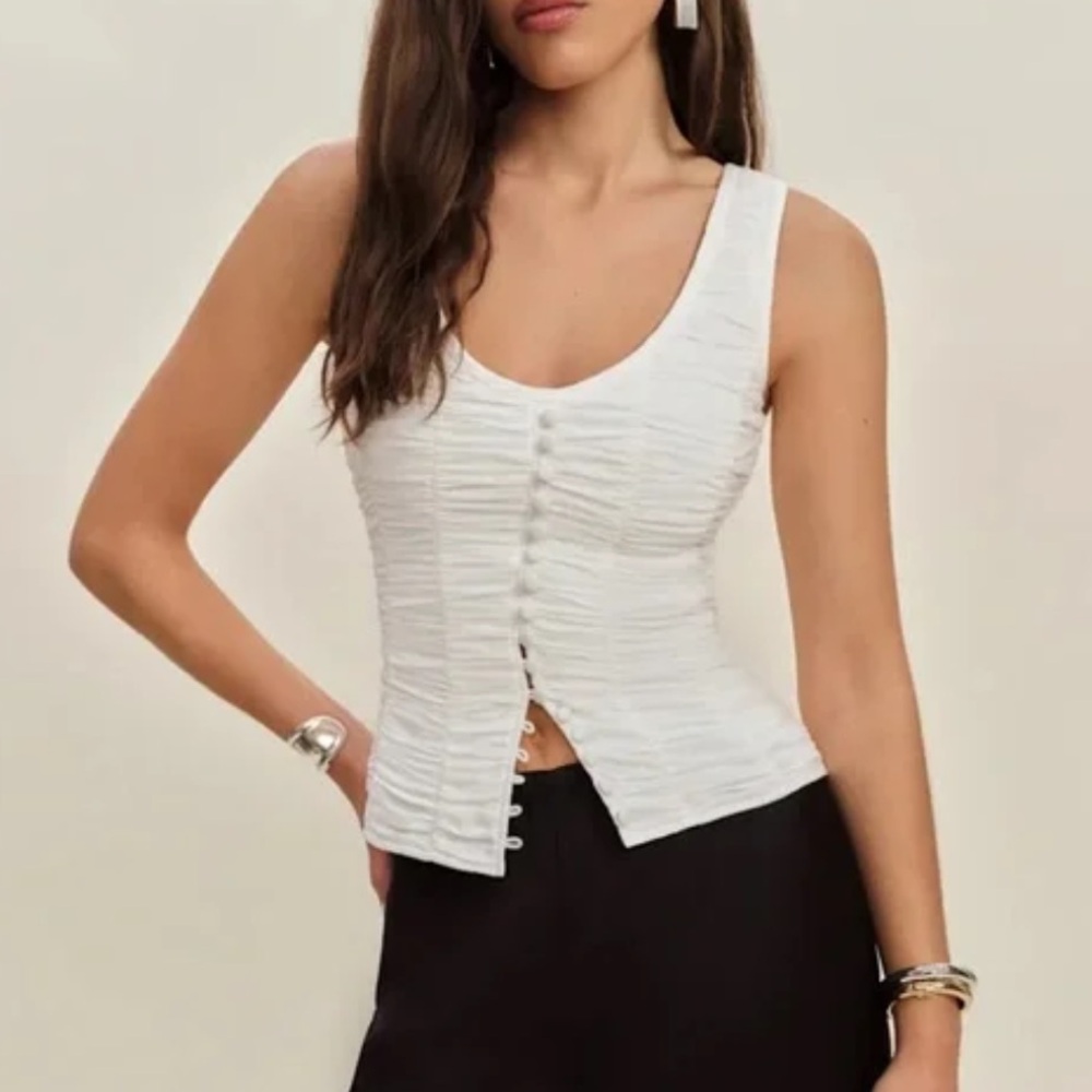 Reformation White Ruched Button-Front Tank Top